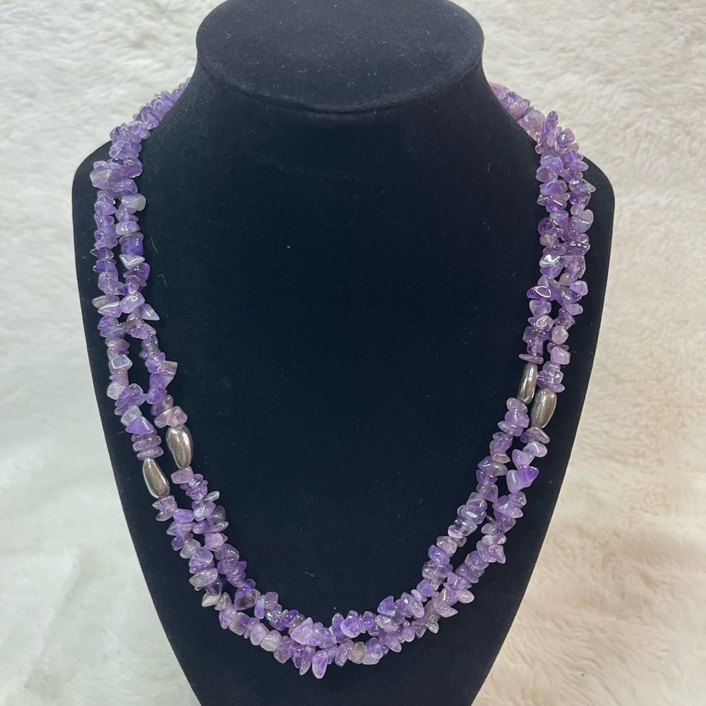 Amethyst Chip Beaded Double Strand Necklace Purple Boho Layered Stone